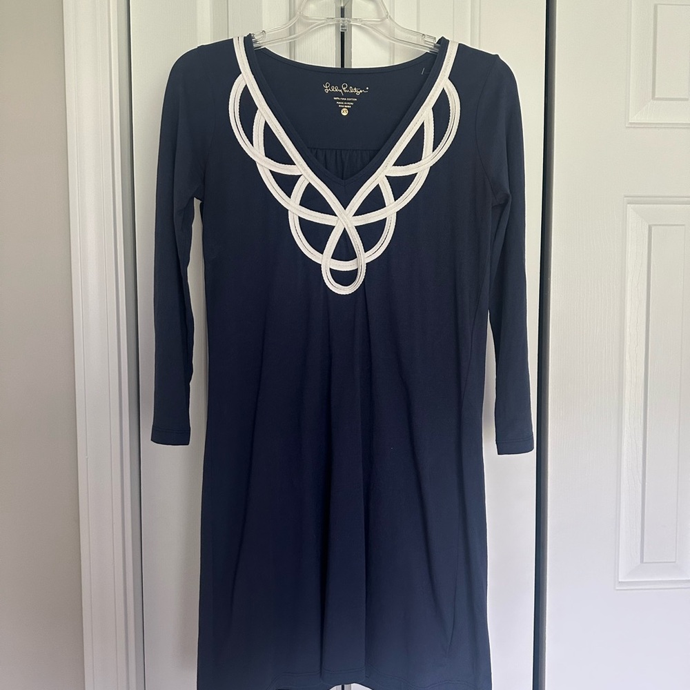 Lilly Pulitzer Navy and White Long Sleeve V-Neck Sheath Dress